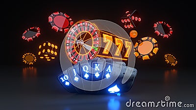 Online Casino Gambling Concept, Poker Cards, Dices And Roulette Wheel - 3D Illustration Stock Photo