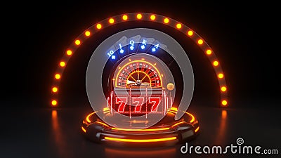 Online Casino Gambling Concept, Royal Flash Poker Cards With Orange Neon Lights - 3D Illustration Stock Photo