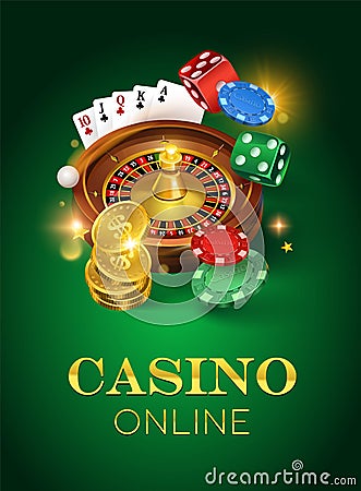 Online casino on a green background. Dice gold coins cards roulette and chips. Vector illustration of a vertical format Vector Illustration