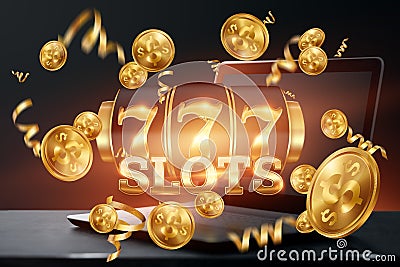 Online casino, laptop with slot machine with jackpot and gold coins. Online Slots, Lucky Seven 777, Dark Gold Style. Luck concept Stock Photo