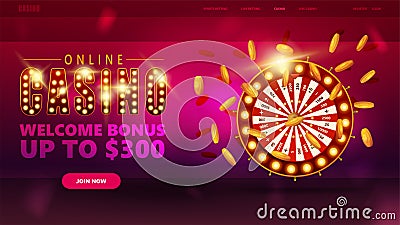 Online casino, purple banner for website with button and red Casino Wheel Fortune with golden coins around Vector Illustration