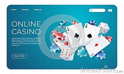 Online casino. Web landing page template for internet poker game. Vector illustration flying poker cards, chips game Vector Illustration