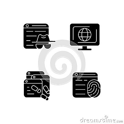 Online censorship black glyph icons set on white space Vector Illustration