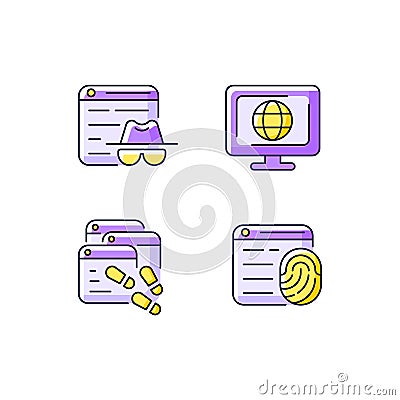 Online censorship purple RGB color icons set Vector Illustration