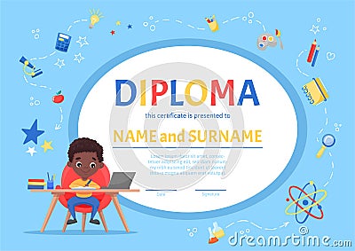 Online certificate children diploma for kindergarten or Elementary Preschool with a cute black boy Vector Illustration