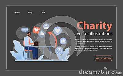 Online charity and charitable foundation night mode or dark mode web Vector Illustration