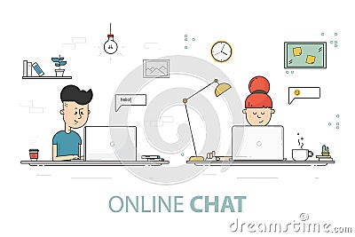 Online chat flat design vector illustration. Young girl and boy with laptop. Vector Illustration