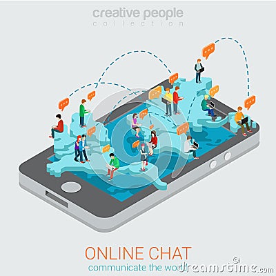 Online chat flat isometric: smartphone world map networks Stock Photo