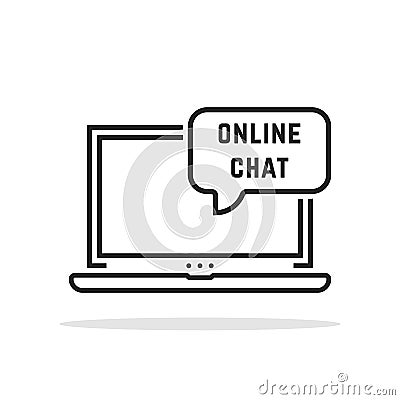 Online chat with linear black laptop Vector Illustration