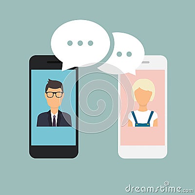 Online chat man and woman. Couple chat on a cell phone. Cartoon Vector Illustration