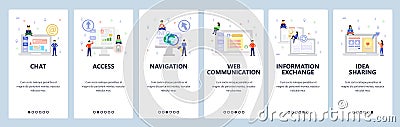 Online chat and web support, secure access, communication and shate information. Mobile app onboarding screens. Menu Vector Illustration