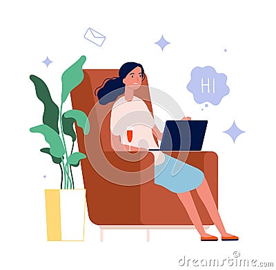 Online chat. Woman with wine glass and laptop. Video call, social media addiction or freelance work vector concept Vector Illustration