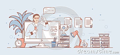 Online chemistry courses or online analysis vector cartoon outline illustration. Scientist holding flask. Vector Illustration