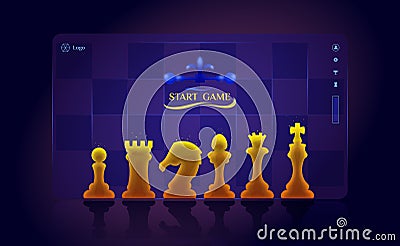 Online chess landing page. Colorful start page template, set of chess pieces, chessboard background, menu with icons, neon color, Vector Illustration