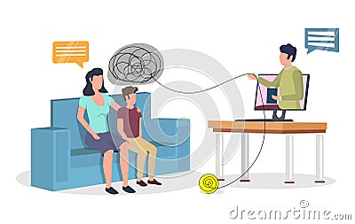 Online child psychologist counseling, flat vector illustration. Psychotherapy session. Kids mental health. Vector Illustration