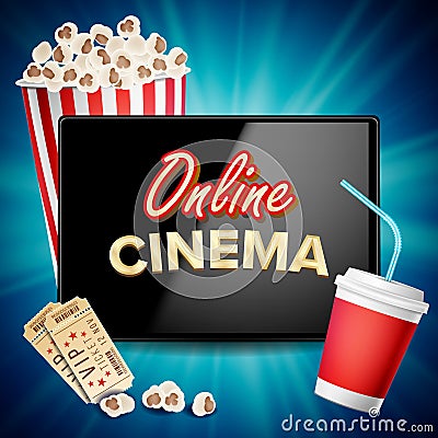 Online Cinema Banner Vector. Realistic Tablet. Popcorn, Drink, Clapping Board. Billboard, Marketing Luxury Illustration. Vector Illustration