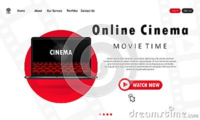 Online cinema illustration. Watching movies at home on laptop. Movie time. Vector EPS 10. Isolated on white background Vector Illustration