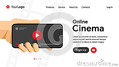 Online cinema. Video, clip, movie watching via smartphone. Phone in hand with video application on the screen. Landing page vector Vector Illustration