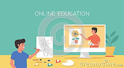 Male teacher show his student painting skill via video call on computer Vector Illustration