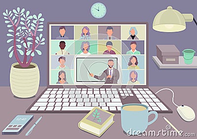 Online Class. Pupils or students studying with computer at home. Stay school learn from home via teleconference. Video conference Vector Illustration