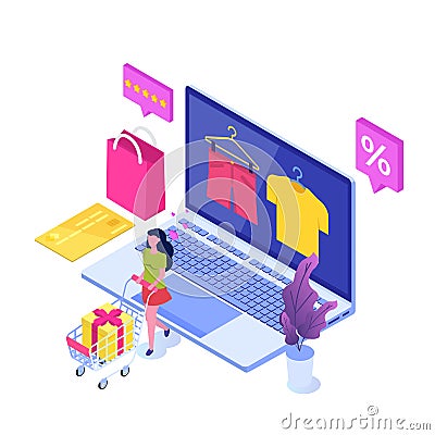 Online clothes shopping, e-commerce sales, digital marketing. Vector Illustration