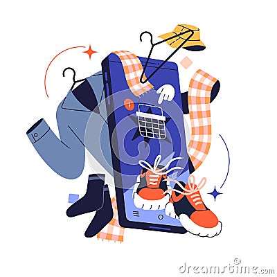 Online clothes store concept. Ecommerce application in smartphone, digital marketplace, apparel market in phone Vector Illustration