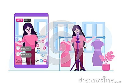 Online Clothing Selling Livestream Vlogging Flat Illustration Concept Design Vector Illustration