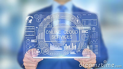 Online Cloud Services, Businessman with Hologram Concept Stock Photo