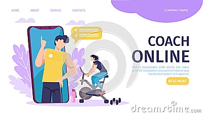 Online coach training landing page template vector illustration. Smartphone with fitness instructor, sport requisites Vector Illustration