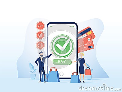 Online commerce vector illustration for e-business or e-commerce technology. Mobile app for payment with credit card Vector Illustration