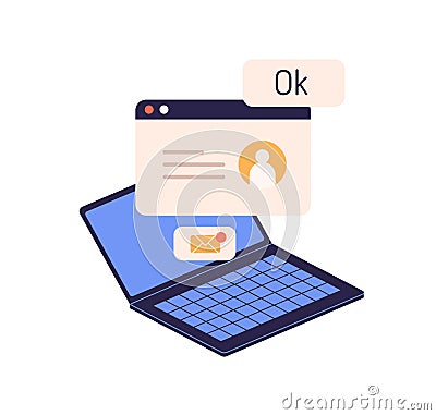 Online communication concept. Laptop with new inbox message, confirmation letter, e-mail. Remote virtual chat, distant Vector Illustration