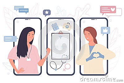 Online communication of doctors with patient, hospital specialists on screens of phones Vector Illustration