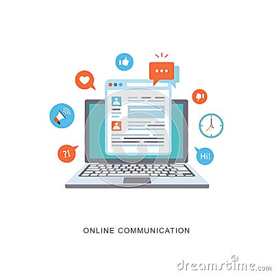 Online communication flat illustration with icons Vector Illustration