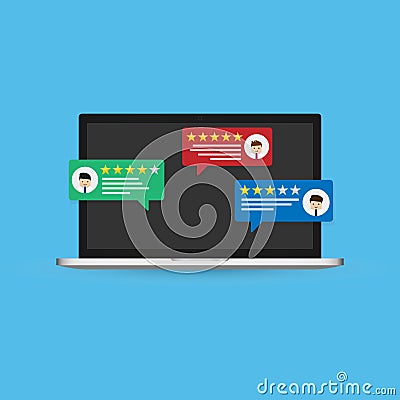 Online communication. Laptop with chat web conversation signs isolated on white. Interface dialog, talk button, application speech Vector Illustration