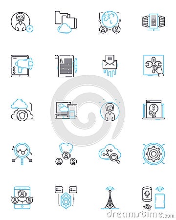 Online communication linear icons set. Instantaneous, Efficient, Streamlined, Accurate, Dynamic, Flexible, Secure line Vector Illustration