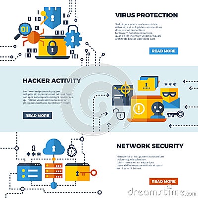 Online communication security, computer protection vector web banners set. Vector Illustration