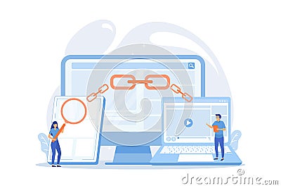 Online communication technology, internet business, marketing research. Link building, main SEO strategies, search engine Vector Illustration