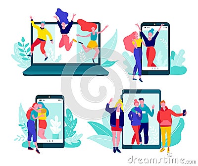 Online communication via the Internet, social networking,chat, video messages set of vector illustration. Couples of man Cartoon Illustration