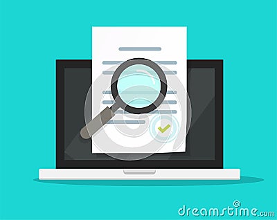 Online compliance document inspection, statement terms audit review on laptop computer vector flat, digital electronic Vector Illustration