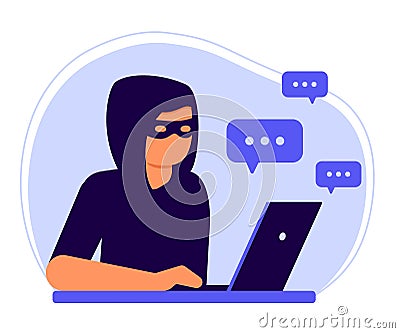 Online computer man hacker, social media fraud, scam. Cheating on internet, covert crime swindler. Thief are working at Vector Illustration