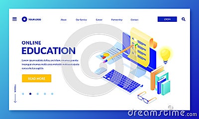 Online computer quiz. Landing page banner design. Vector 3d isometric illustration. Internet education, learning concept Vector Illustration