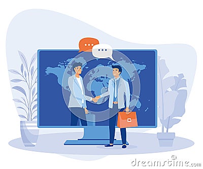 online conclusion of the transaction. the opening of a new startup. business handshake, via phone and laptop, Vector Illustration