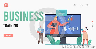 Online Conference, Business Training, Seminar Landing Page Template. Trainer Character Virtual Financial Consultation Vector Illustration