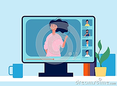 Online conference. Video meeting, people on screen. Business chatting, international friendship vector illustration Vector Illustration