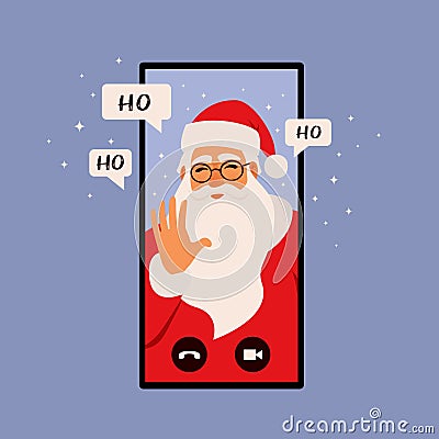 Online congratulation app, Christmas concept illustration. Smartphone with Santa Claus is calling. Flat style Vector Illustration