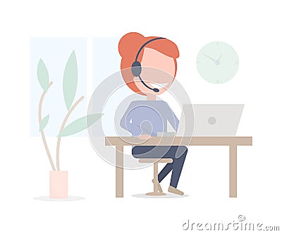Online consultant girl. Call center worker by computer. Vector Illustration