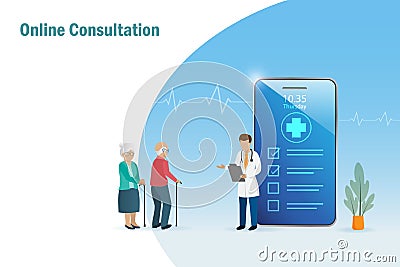 Online consultation, virtual doctor for elderly. Doctor on smartphone examining senior couple health problem. Medical and Stock Photo