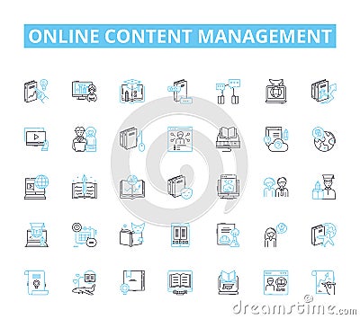 Online content management linear icons set. Publishing, Editing, Writing, Optimization, Analytics, Layout, Design line Vector Illustration