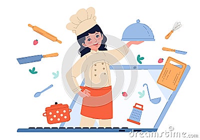 Online cooking, chef peering out from behind screen. Cute girl in uniform with kitchen elements and tableware on laptop Vector Illustration