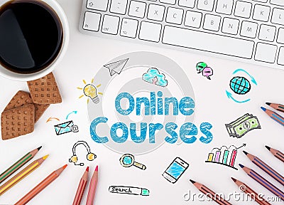 Online Courses, Business concept. White office desk Stock Photo